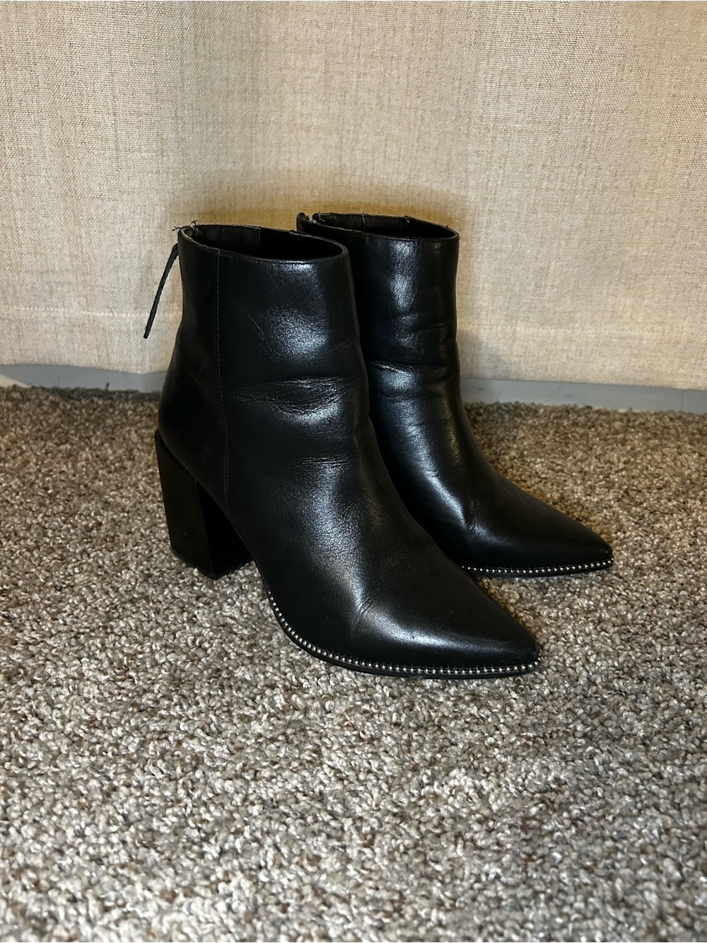 Steve Madden Black Pointed Toe Stud-Trim Leather Ankle Boots